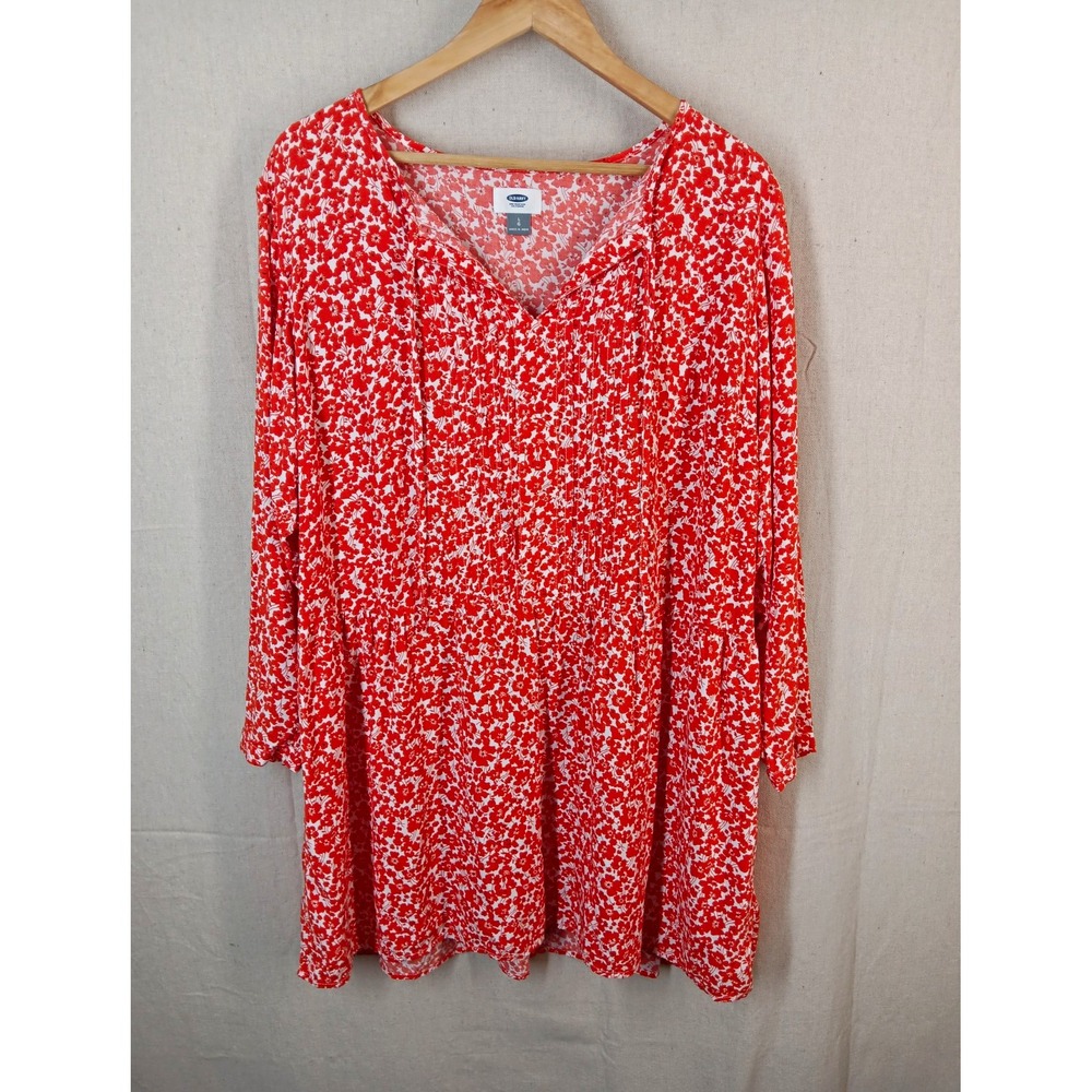 Old Navy Women's L Red/White Floral V-Neck Pleated Long Sleeve Woven Blouse